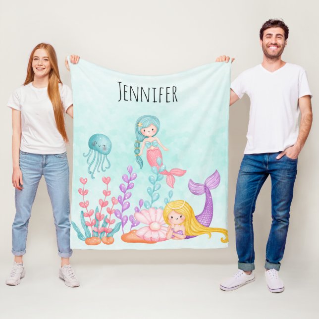 Mermaid & Jellyfish Under the Sea Watercolor Fleece Blanket (In Situ)