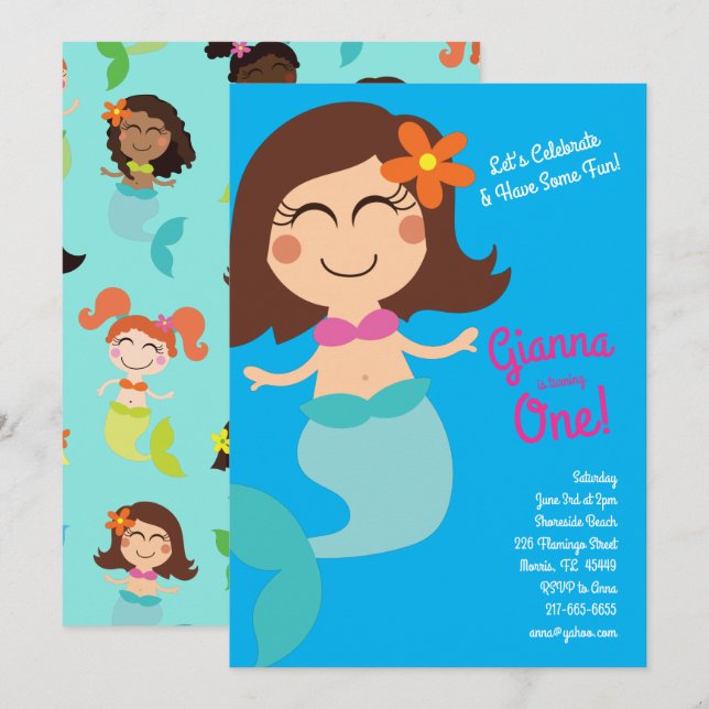 Mermaid Kids Birthday Brown Hair Invitation (Front/Back)