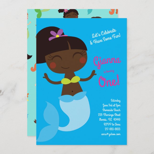Mermaid Kids Birthday Dark Skin Black Asian Invitation (Front/Back)