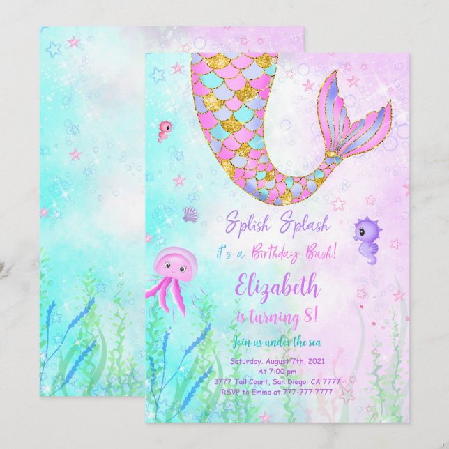 Mermaid Kids Birthday Invitation (Front/Back)