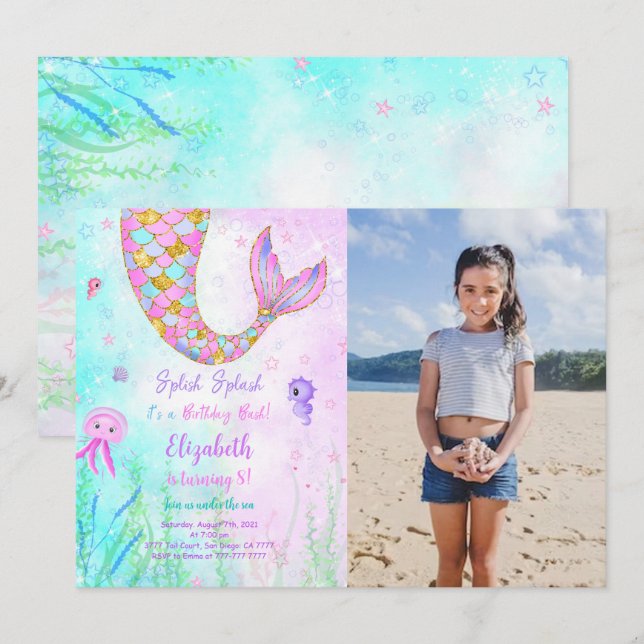 Mermaid Kids Birthday Photo Invitation (Front/Back)