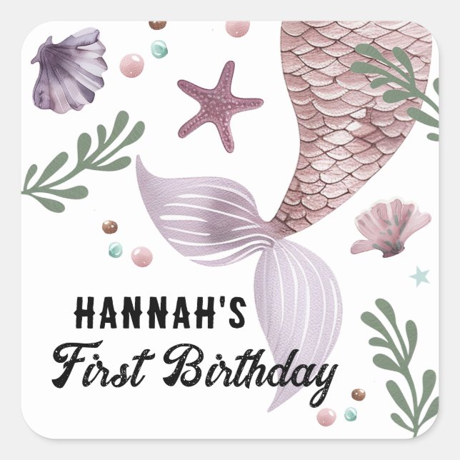 Mermaid Kids Birthday Sea Purple Square Sticker (Front)