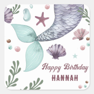 Mermaid Kids Birthday Sea Purple Square Sticker