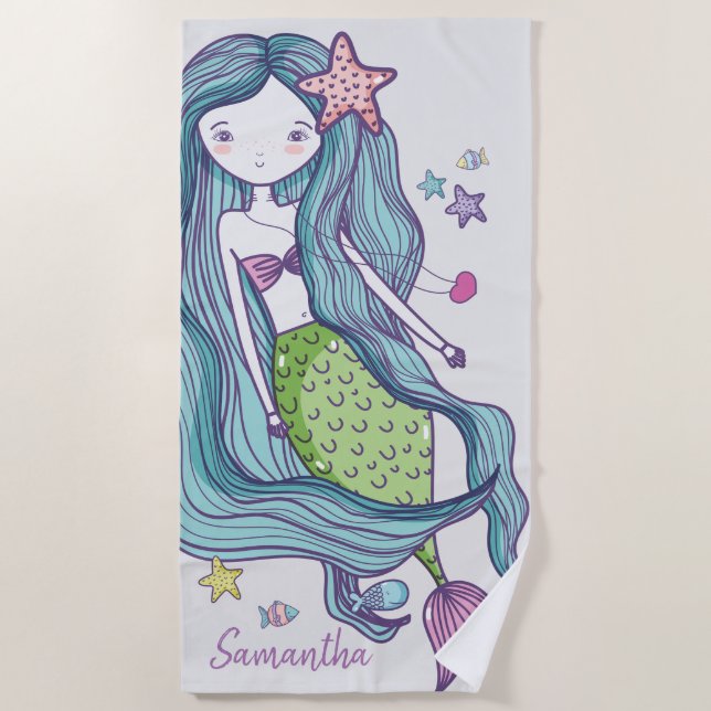 Mermaid Kids Personalised Beach Towel (Front)