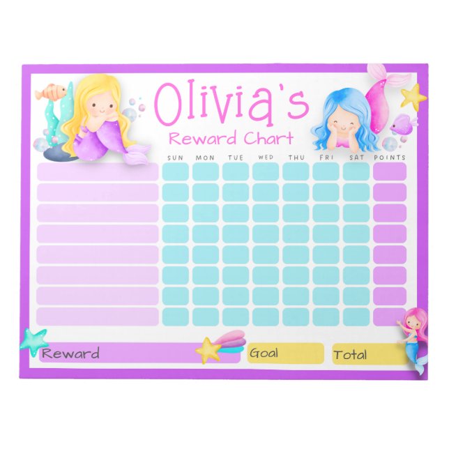 Mermaid Kids Reward Chart for Daily Routine To Do Notepad (Front)