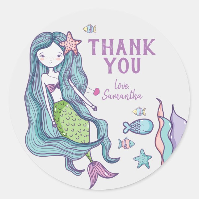 Mermaid Kids Thank You Classic Round Sticker (Front)