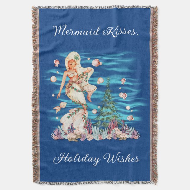 Mermaid Kisses, Holiday Wishes Fringed Throw Blanket (Front Vertical)