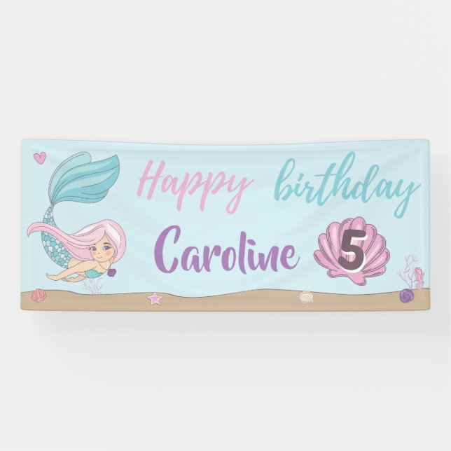 Mermaid Kisses Starfish Wishes Happy Birthday Banner (Horizontal)
