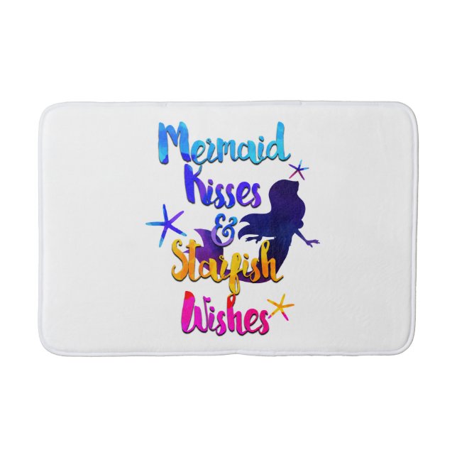Mermaid Kisses & Starfish Wishes Watercolor Beachy Bath Mat (Front)