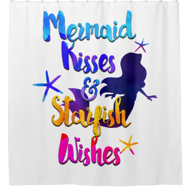 Mermaid Kisses & Starfish Wishes Watercolor Beachy Shower Curtain (Front)