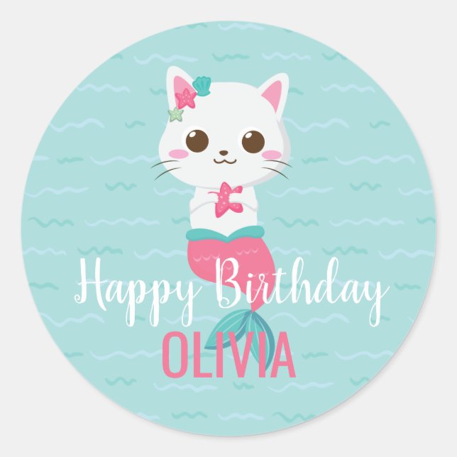 Mermaid Kitty Birthday Party Classic Round Sticker (Front)