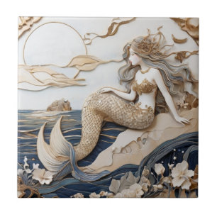 Mermaid Left sided Faux Relief Japanese Asian art Tile