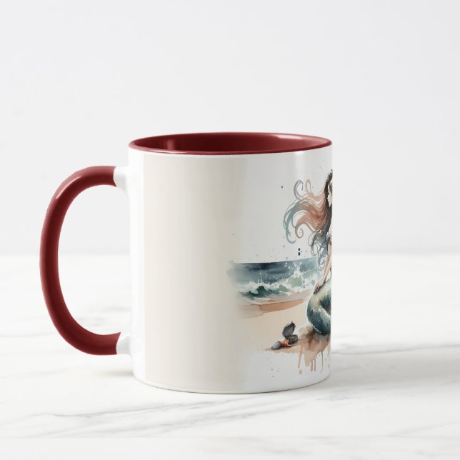 Mermaid Lighthouse Coastal Watercolor Scene Mug (Left)