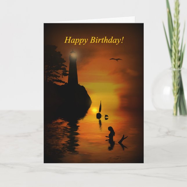 Mermaid Lighthouse Dolphin Sailboat Happy Birthday Card (Front)