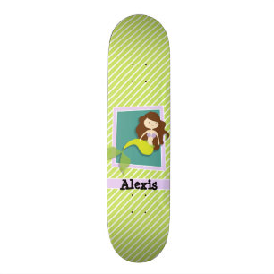 Mermaid; Lime Green & White Stripes Skateboard