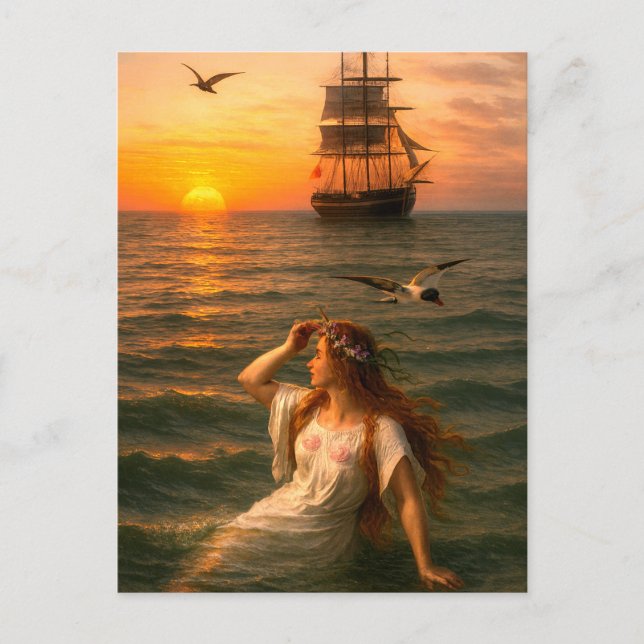 Mermaid Looking At Sailing Ship At Sunset Postcard (Front)