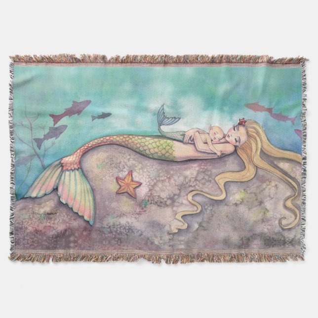 Mermaid Lullaby Mother and Baby Fantasy Art Throw Blanket (Front)