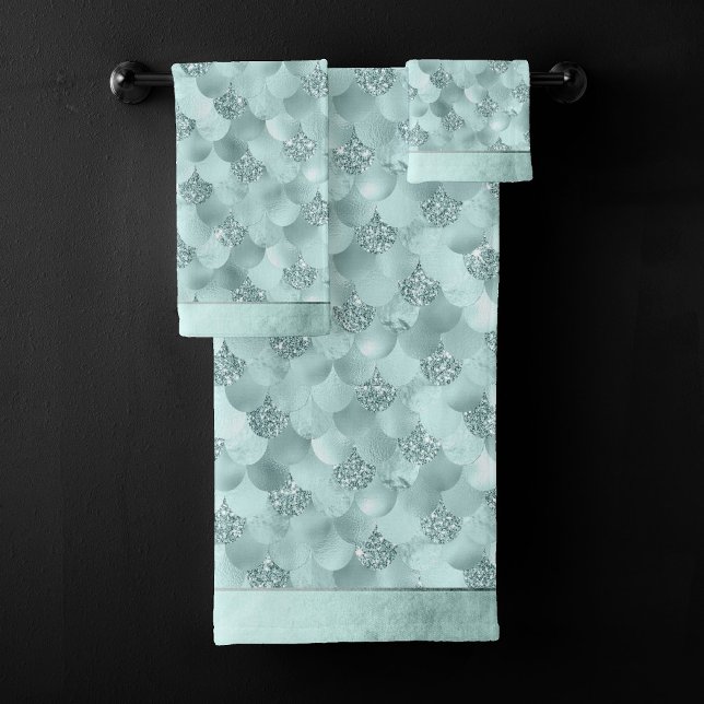 Mermaid Luxe Scale | Seafoam Mint Green Aqua Sheen Bath Towel Set (Creator Uploaded)