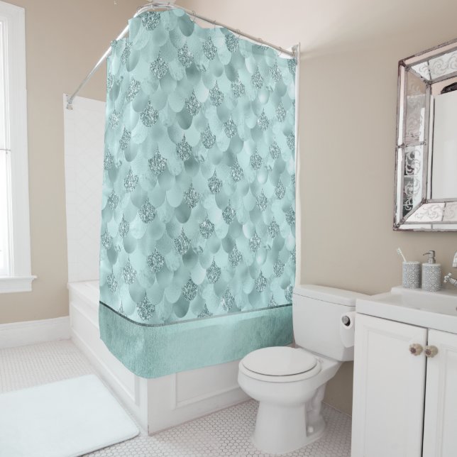 Mermaid Luxe Scale | Seafoam Mint Green Aqua Sheen Shower Curtain (In Situ)