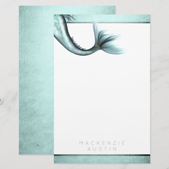 Mermaid Luxe Tail | Seafoam Mint Green Aqua Custom Stationery (Front/Back)