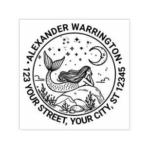 Mermaid Lying on Rocks Moon Name Return Address Self-inking Stamp