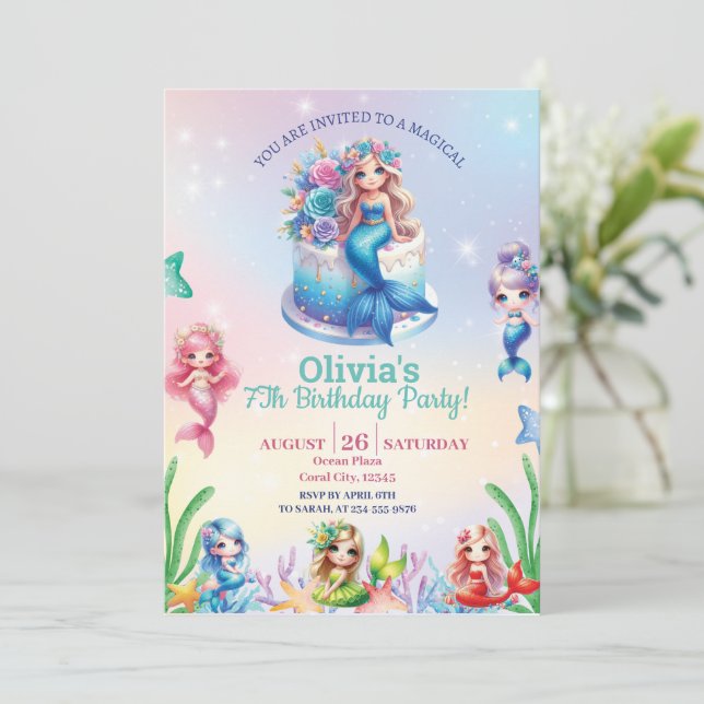 Mermaid  Magical 7Th Birthday Party Girl Invitation (Standing Front)