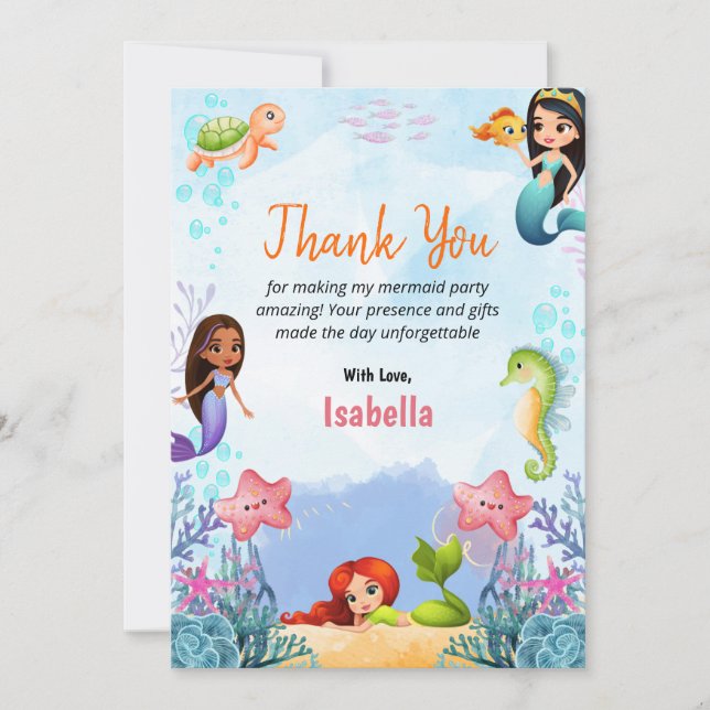 Mermaid Magical Birthday Girl Thank You Flat Cards (Front)