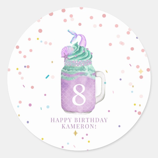 Mermaid Mason Jar Milkshake Girls Birthday Age Classic Round Sticker (Front)
