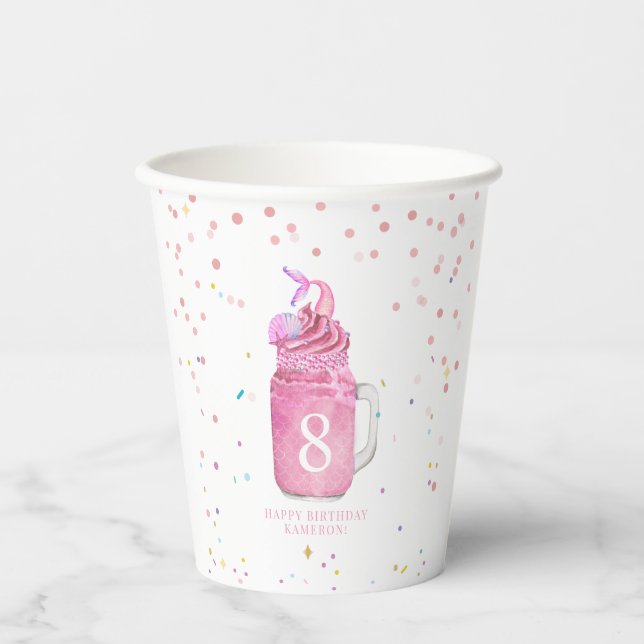 Mermaid Mason Jar Milkshake Girls Pink Birthday  Paper Cups (Front)