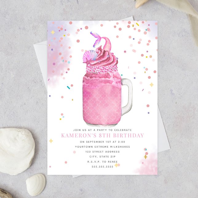 Mermaid Mason Jar Pink Milkshake Girls Birthday  Invitation (Creator Uploaded)