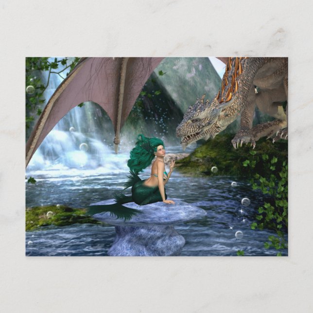 Mermaid Meets Dragon Fantasy Waterfall Postcard (Front)