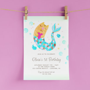 Mermaid MerCat Cute Watercolor 1st Birthday Invitation