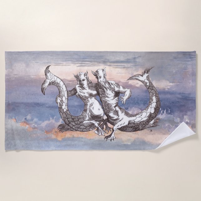 MERMAID & MERMAN IN OCEAN SKY BEACH TOWEL (Front)