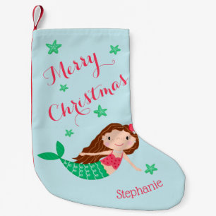 Mermaid Merry Christmas Personalised Aqua Small Christmas Stocking