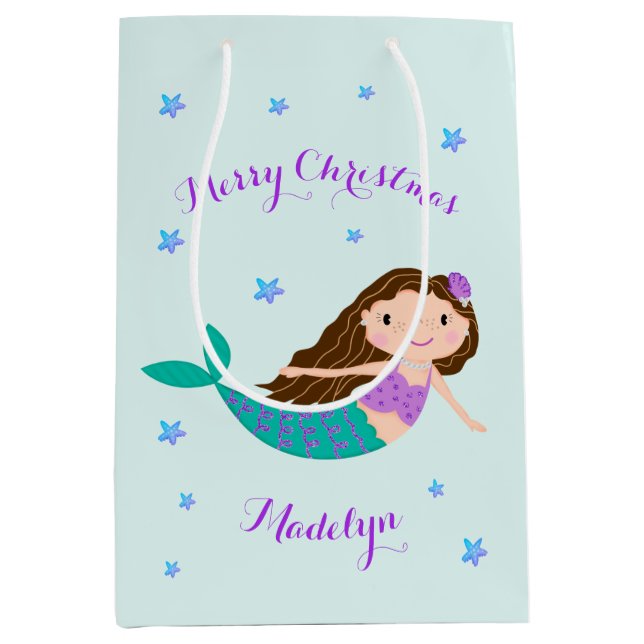 Mermaid Merry Christmas Personalised Medium Gift Bag (Front)