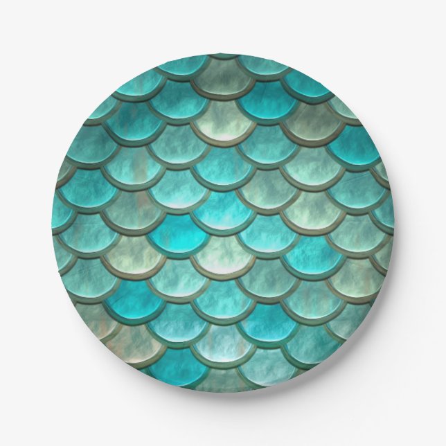 Mermaid minty green fish scales pattern paper plate (Front)