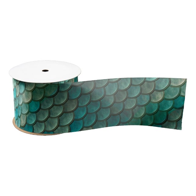 Mermaid minty green fish scales pattern satin ribbon (Spool)