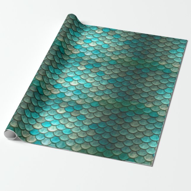 Mermaid minty green fish scales pattern wrapping paper (Unrolled)