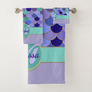 Mermaid Monogram + Name   Aqua Teal Purple Blue Bath Towel Set