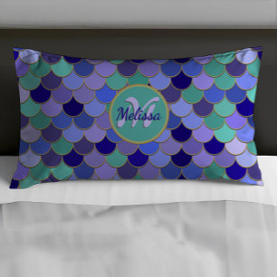 Mermaid Monogram + Name   Aqua Teal Purple Blue Pillowcase