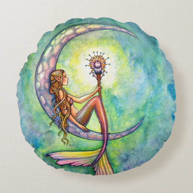 Mermaid Moon Fantasy Art by Molly Harrison Round Cushion (Front)