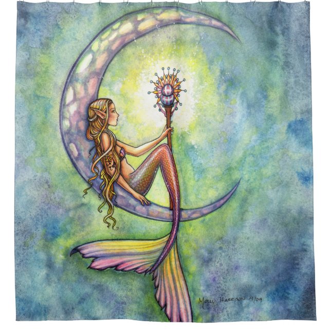 Mermaid Moon Fantasy Art Illustration Shower Curtain (Front)
