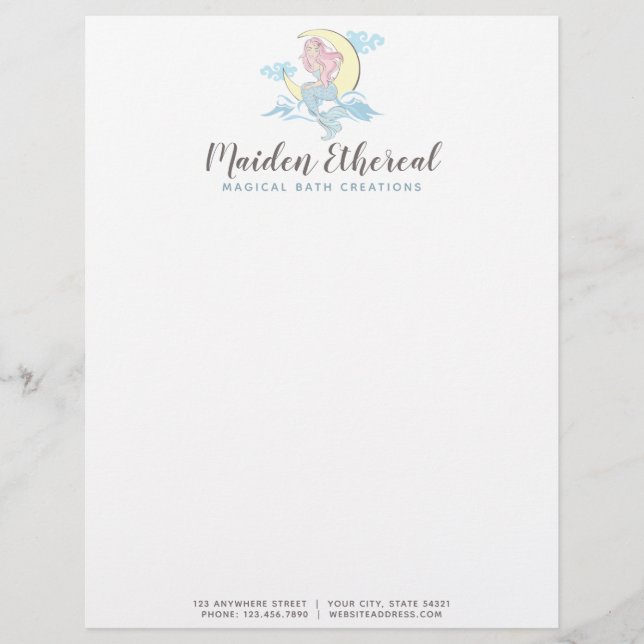 Mermaid Moon Mystical Pink Hair Sea Siren Custom Letterhead (Front)