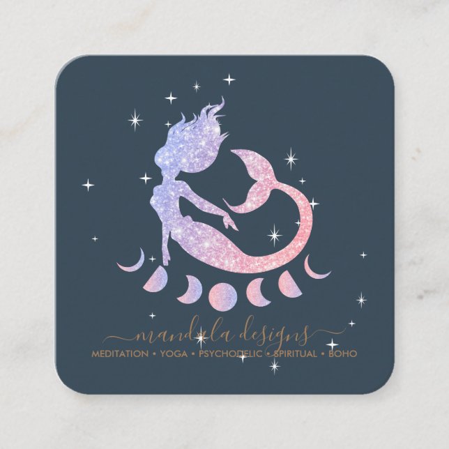 Mermaid moon phrases navy star night square business card (Front)