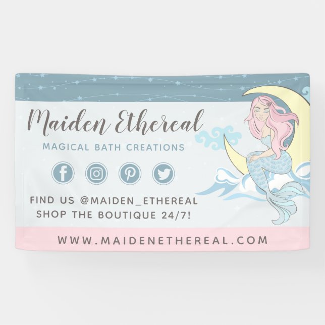 Mermaid Moon & Stars Mystical Pink Hair Sea Siren Banner (Horizontal)