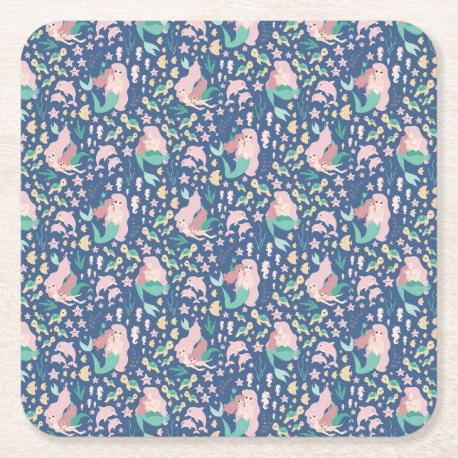 Mermaid Mother Daughter Bonding Ocean Dark Version Square Paper Coaster (Front)