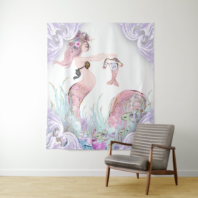 Mermaid Mum Baby Shower Backdrop Banners Tapestry (In Situ)