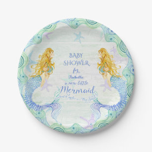 Mermaid n Starfish Baby Shower Watercolor Wood Art Paper Plate