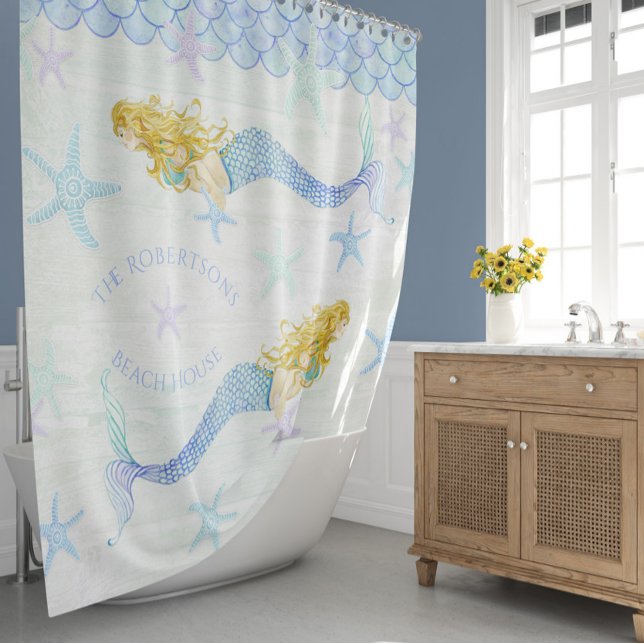 Mermaid n Starfish Family Name Beach House Decor Shower Curtain (Creator Uploaded)