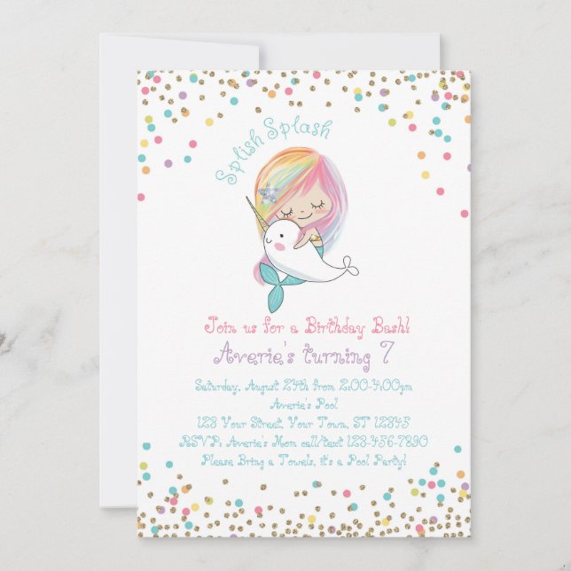 Mermaid Narwhal Pool Party Birthday Invitation (Front)